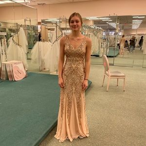 Rose gold, v-neck prom dress. Size 2 Galina signature with sparkle details.